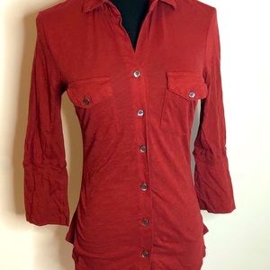 James Perse Women’s Brick Red Sheer Slub Cotton Side Panel Shirt Sz 1 EUC